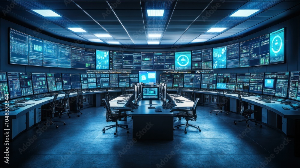 Aufkleber A modern control room with numerous screens displaying data and information.