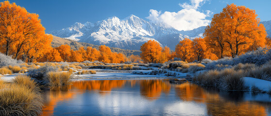 Autumn Serenity: Golden Aspens Mirror in a Frozen River, Majestic Mountains in the Background 