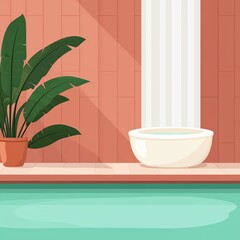 Fototapeta premium Calm and serene bathroom scene featuring a modern tub, vibrant plant, and soothing water, perfect for relaxation.