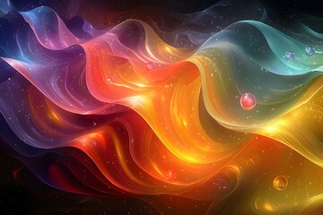 Fototapeta premium Vibrant abstract waves: dynamic rainbow tones and floating spheres