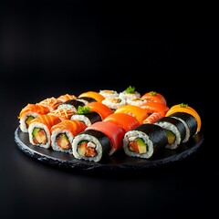 Assorted Sushi Rolls on Black Slate Plate,
