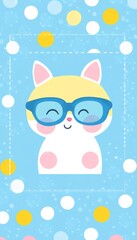 Cute White Cat with Sunglasses, a Cartoon Character, on a Blue Background with White and Yellow Dots