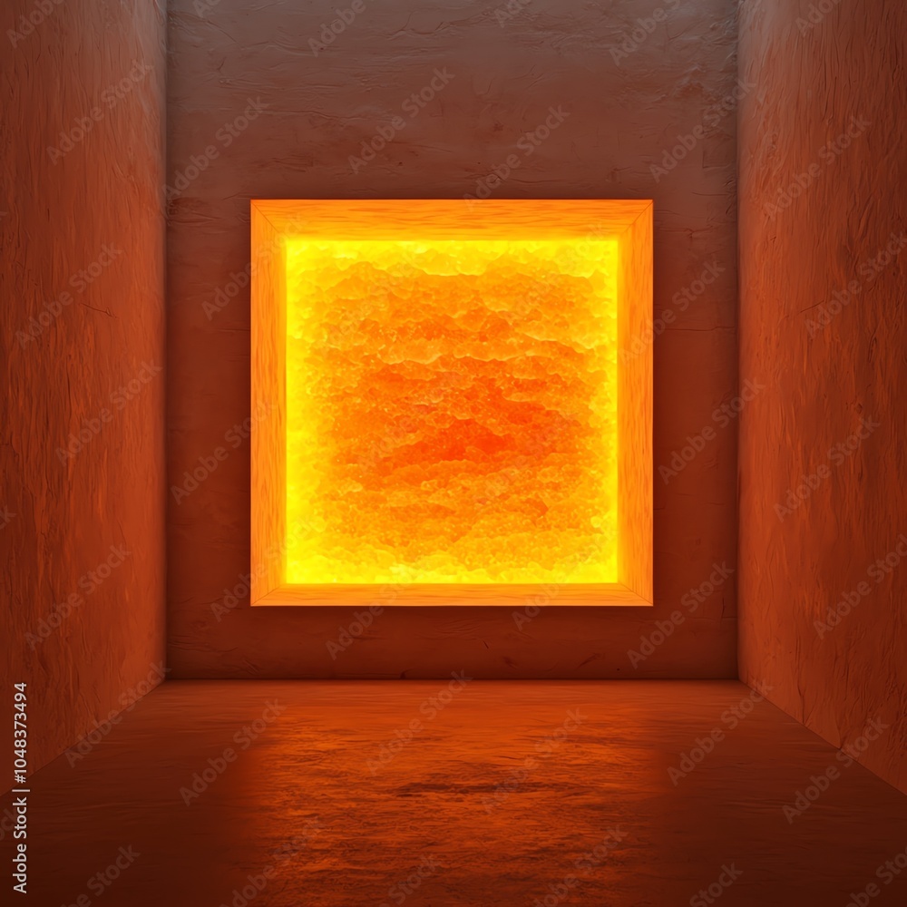Poster a vibrant orange square light source in a minimalistic room, creating an atmosphere of warmth and ca