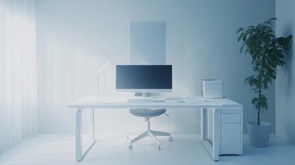 A sleek, minimalist workspace equipped with AI-driven ergonomic furniture and devices that adjust based on user preferences and posture tracking. 