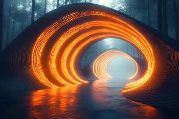 Naklejka premium Futuristic glowing tunnel in a misty forest with neon light design