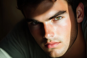 Obraz premium Young man with a serious expression, captured in soft natural light