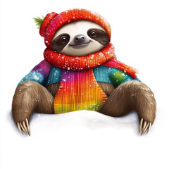 Obraz premium cheerful sloth wearing colorful scarf and hat enjoys snowy winter scene, radiating warmth and joy. This adorable creature embodies spirit of cozy winter days
