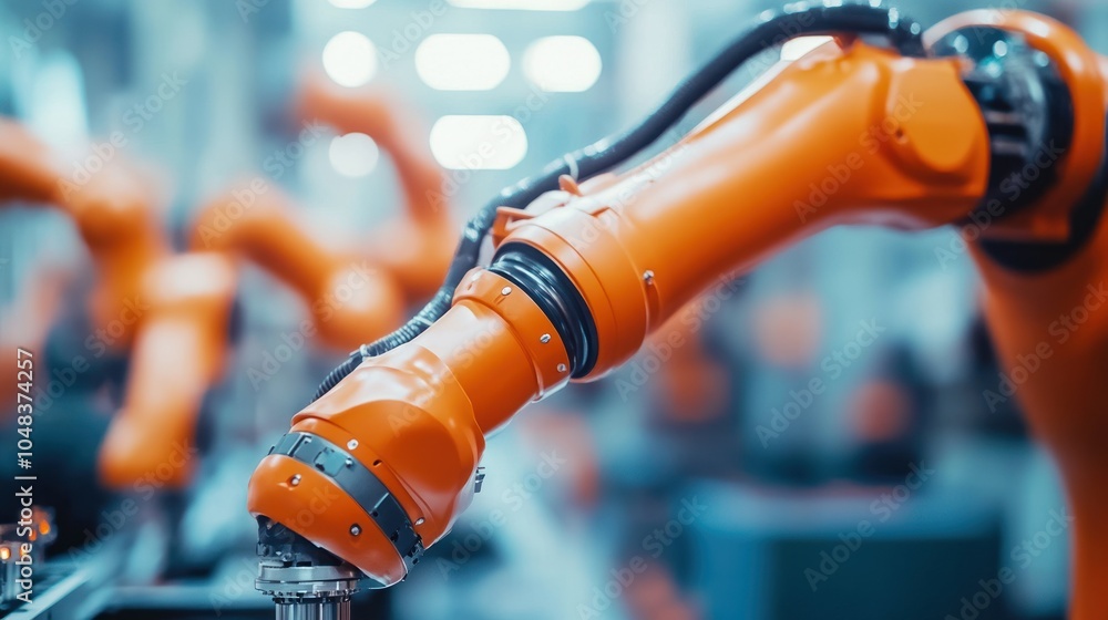 Poster Close-up of an orange robotic arm in a factory setting