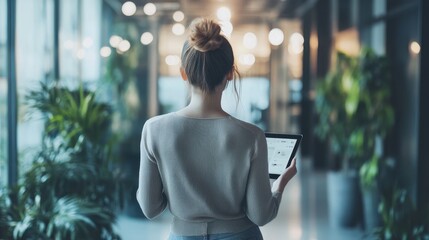 A Woman Holding a Smartphone in a Modern Office Environment