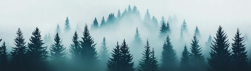 Fototapeta premium A serene forest landscape shrouded in mist, showcasing tall evergreen trees against a soft, atmospheric backdrop.