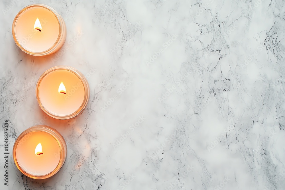 Poster a serene arrangement of three lit candles on a marble surface, perfect for relaxation and creating a