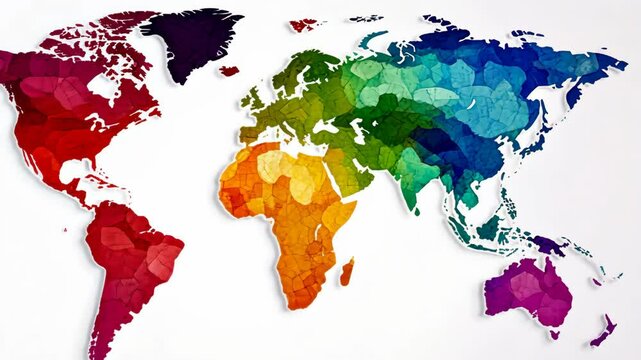 A colorful world map with each continent outlined in different shades of color