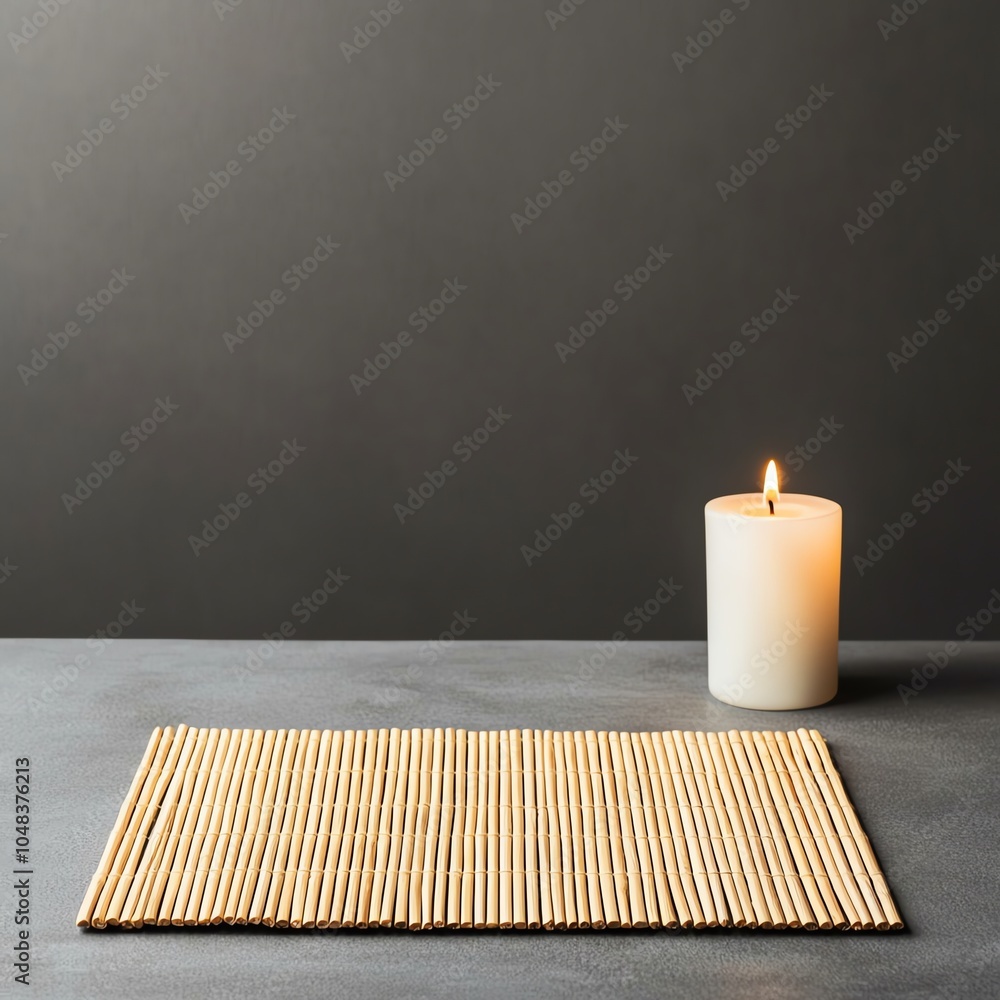 Poster a calming setting featuring a lit candle beside a textured placemat, creating a serene atmosphere pe