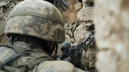 Soldier in camouflage stealthily aims a rifle through a narrow crevice in a rough stone wall, focused on the mission.