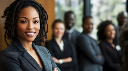 Businesswoman standing confidently in front of her team during a meeting