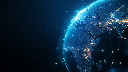 Obraz premium Holographic map, neon network lines, futuristic digital world