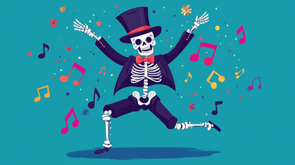 Naklejka premium Cheerful skeleton dancing with a top hat and bowtie, surrounded by musical notes, in a vibrant flat vector style.