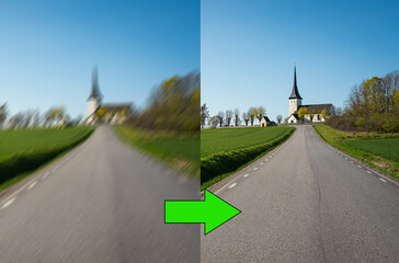 Concept of image motion blur restoration technology - blurred picture of a landscape on the left,...