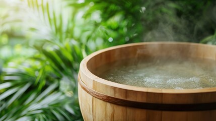 Fototapeta premium A serene wooden bowl filled with steaming water, surrounded by lush greenery, evoking relaxation and tranquility in nature.