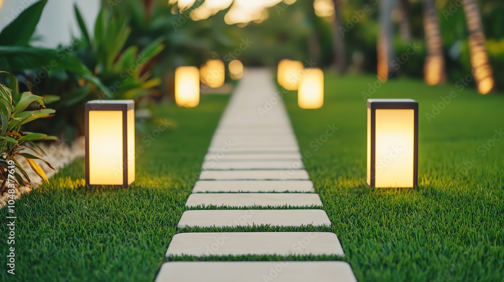 Aufkleber a tranquil pathway lined with glowing lanterns, creating a serene ambiance in a lush garden setting 