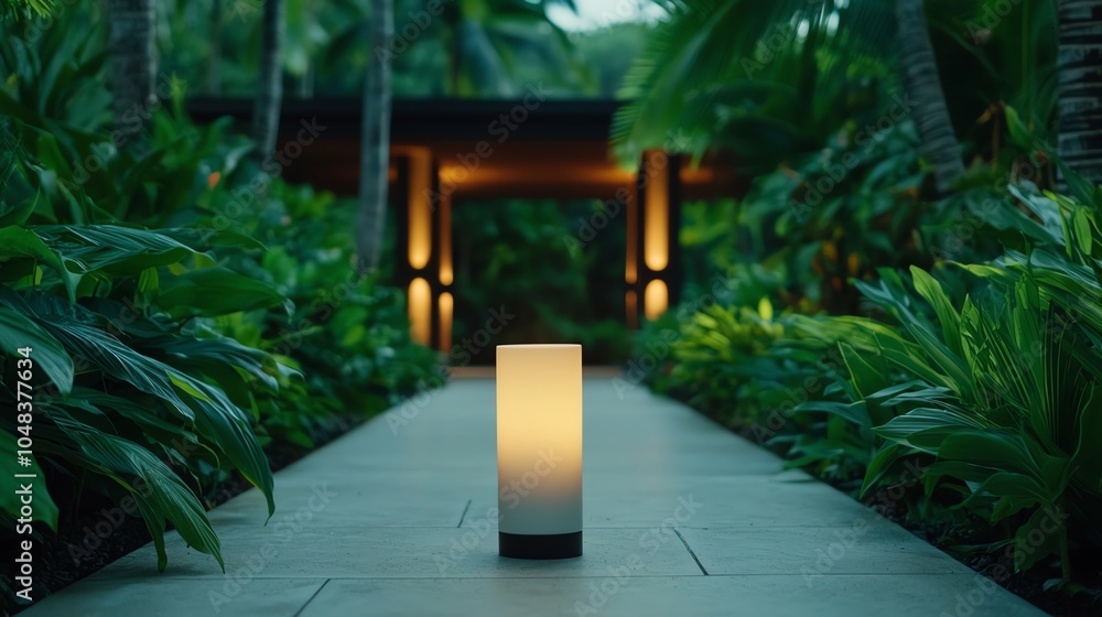 Aufkleber a serene pathway illuminated by a glowing lantern surrounded by lush greenery, creating a tranquil o