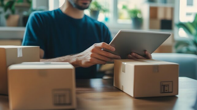 Entrepreneur managing e-commerce orders on a tablet while sitting in a home office