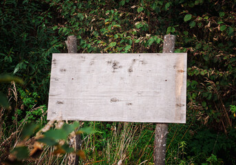 Weathered blank wooden sign stands in a grassy field