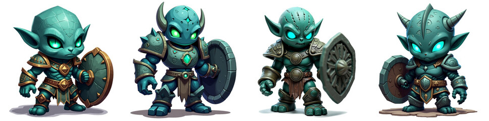 Obraz premium Four variations of a goblin-like creature in various poses, with green skin, a horned helmet, and holding a shield, in a chibi style.