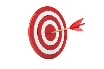 Red and white target with an arrow hitting the center, symbolizing precision, focus, and success in achieving goals on a transparent background.