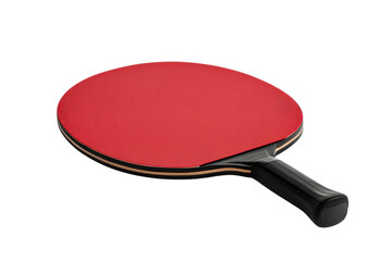Close-up of a red and black table tennis paddle isolated on a transparent background. showcasing its sleek design and rubber texture.