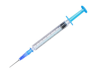 Fototapeta premium A detailed close-up of a medical syringe with a blue plunger and clear barrel, used for injections in healthcare or medical settings.