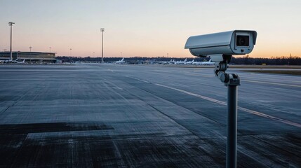 A broad view of an airport runway framed by a monitoring camera, set against a vast landscape that captures the essence of aviation and technology.