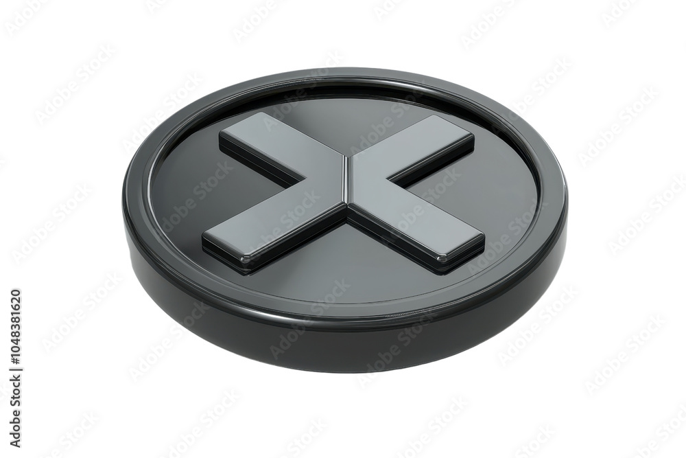 Poster 3d rendering of a glossy black circular button with an embossed metallic 'x' symbol, isolated on a t