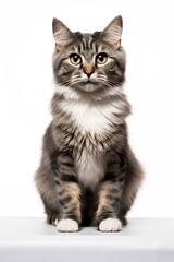 Fototapeta premium A cat sitting on white background looking at the camera.