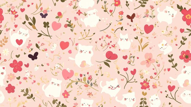 Cute Cat and Flower Pattern on Pink Background