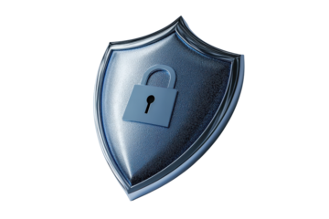 Glossy blue shield emblem with a lock symbol representing security, protection, and privacy. Ideal for cybersecurity concepts.