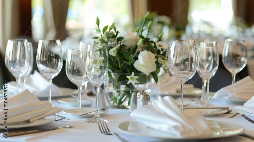 Aufkleber a table set with linens and place settings in one of the banquet halls awaiting guests for a formal 