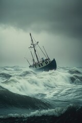 Obraz premium Dramatic Scene of Unnamed Fishing Boat Swaying in Turbulent Sea with Gloomy Sky
