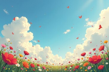 beautiful lawn with flowers and blue sky