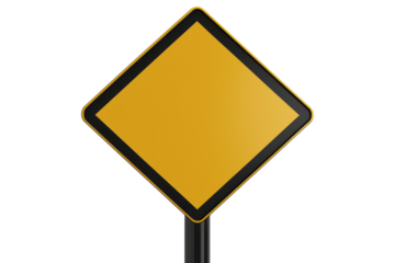 Blank yellow diamond traffic sign on pole, isolated on transparent background. perfect for transportation or construction sign use.