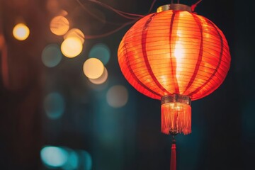 Obraz premium Chinese Red Lantern Glowing Brightly at Night Against Dark Backdrop Symbolizing Happiness During Chinese New Year Celebration