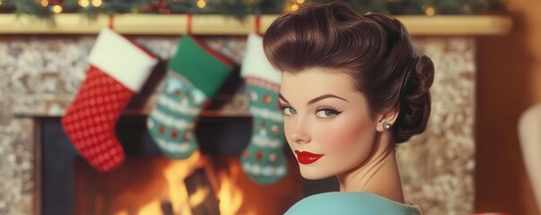 Fototapeta premium Glamorous woman with 1950s hairstyle, standing in front of a cozy fireplace, Christmas stockings in the background, vintage postcard design
