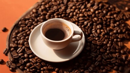 Fototapeta premium Coffee Cup Surrounded by Coffee Beans on Wood Tray