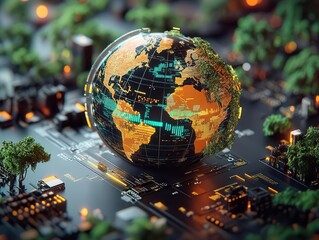 Digital globe with data points showing areas of deforestation, solid blue background, ample copy space for text, global environmental monitoring and big data concept