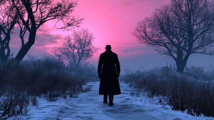 Fototapeta premium Silhouette of a Man Walking on a Snowy Path with Pink Sky and Stars