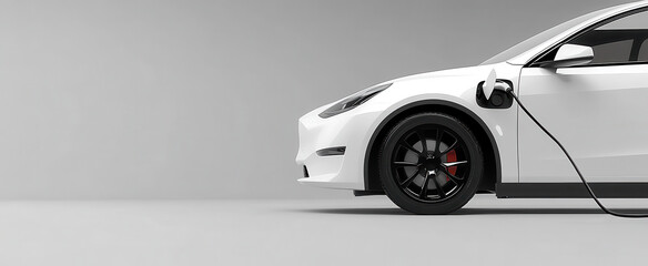 sleek white electric car is parked against minimalist gray background, showcasing its modern design and charging cable. This highlights future of sustainable transportation