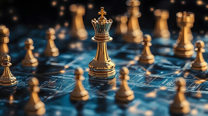 Golden king chess piece standing on blockchain board game concept is suggesting cryptocurrency investment strategy to win business competition