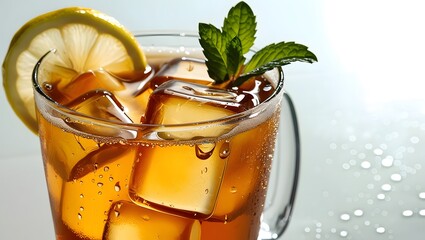 A chilled glass of iced tea with fresh lemon and mint garnish.