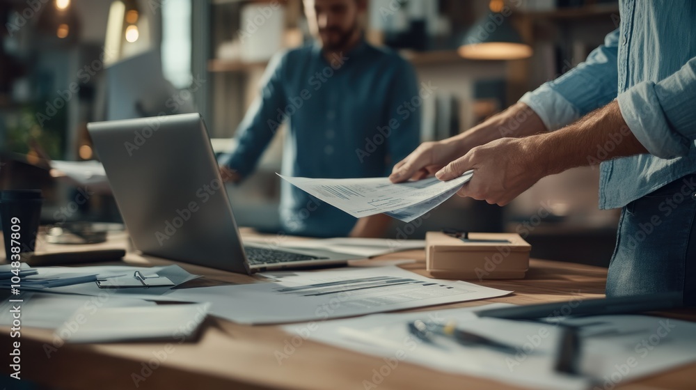 Poster man examining papers at a desk with a laptop and other documents
