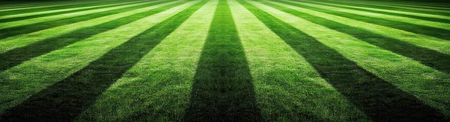 Lush green grass with alternating stripes creates vibrant and well maintained lawn, showcasing beautiful pattern of light and shadow